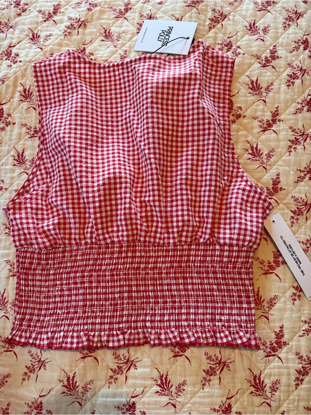 Princess Polly Red Gingham Smocked V-Neck Crop Top - Picture 4 of 5